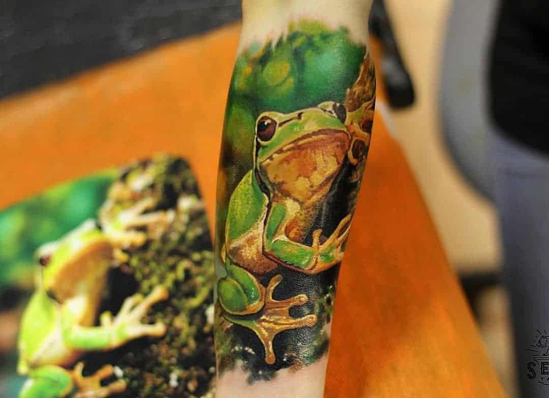 Tattoo in kleur realisme van een kikker op een boomstronk, geplaatst op een onderarm bij Inksane tattoo en piercing;